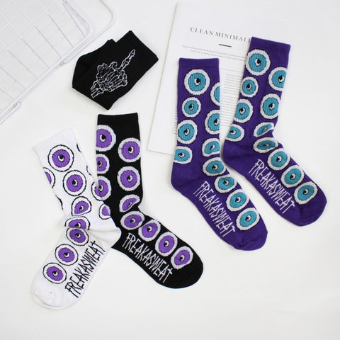 Funny Socks Japanese Harajuku Street Letters Purple Eyeballs Tide