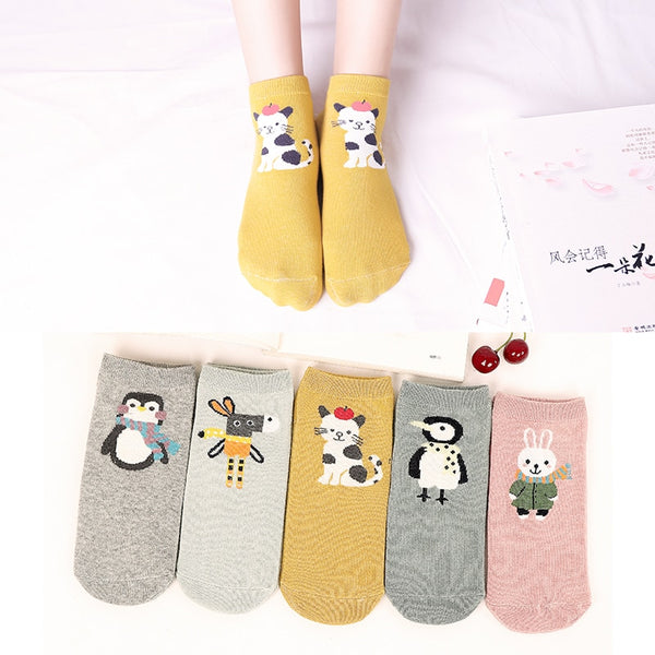 Women Cute Animal Socks Cotton Comfort Cartoon Short Style Cat Rabbit